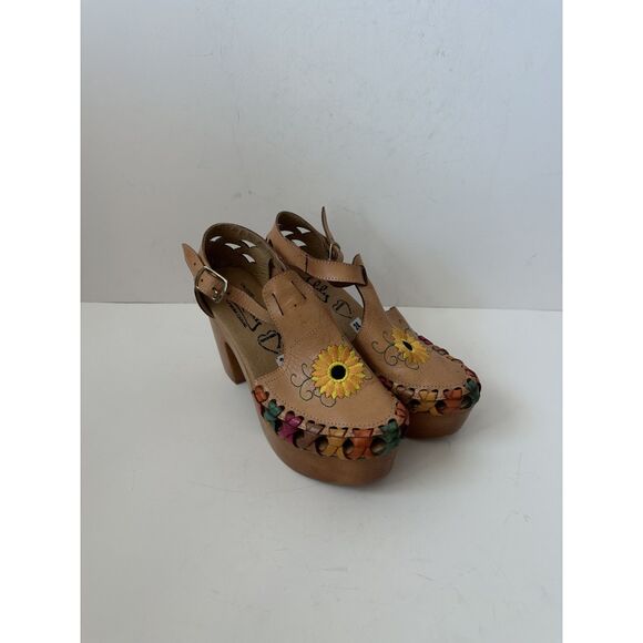 Chunky Heel Mexican Wedges with Sunflower Design - Picture 1 of 4